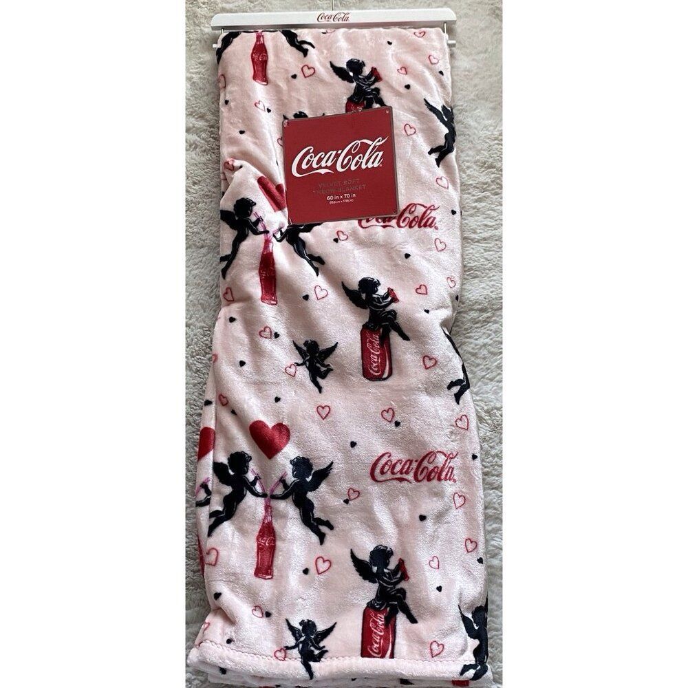 Coca Cola Can Pink Valentines Cupid Hearts Velvet Soft Throw Blanket 60 X 70”